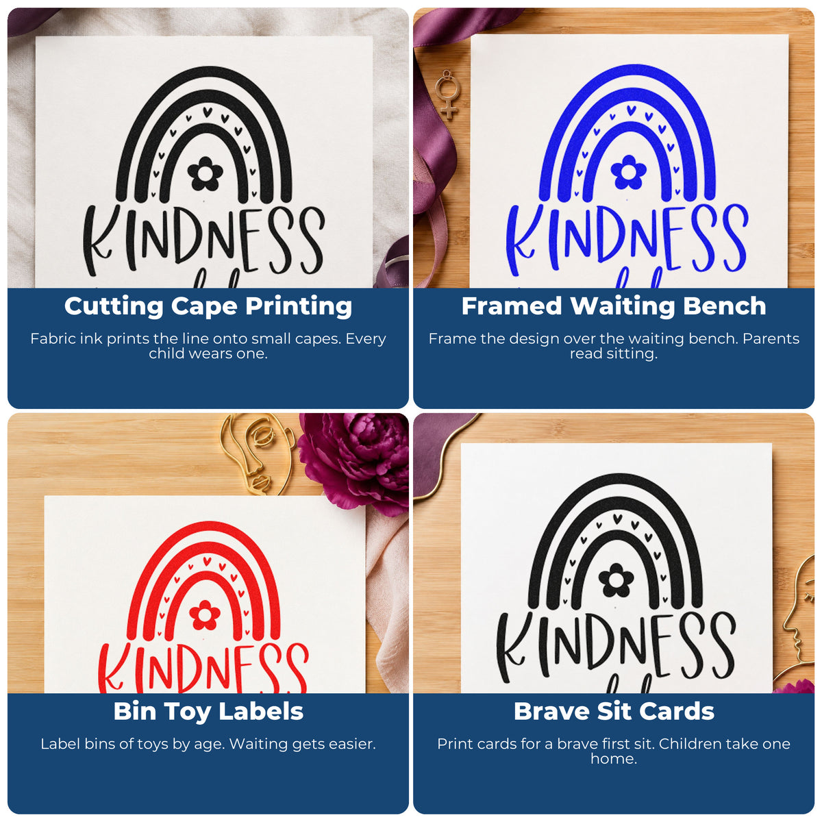 Four ways to use the Kindness Is Golden Rainbow Floral Accents Self-Inking Stamp: cutting cape printing, framed waiting bench, bin toy labels and brave sit cards.