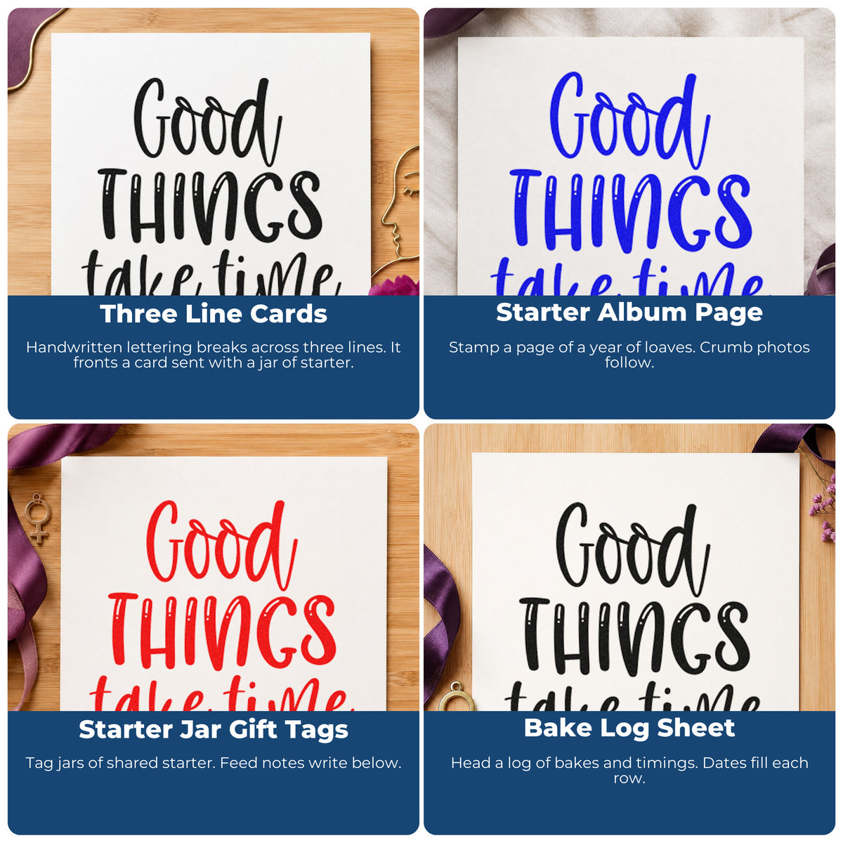 Four ways to use the Good Things Take Time Word Art Self-Inking Stamp: three line cards, starter album page, starter jar gift tags and bake log sheet.