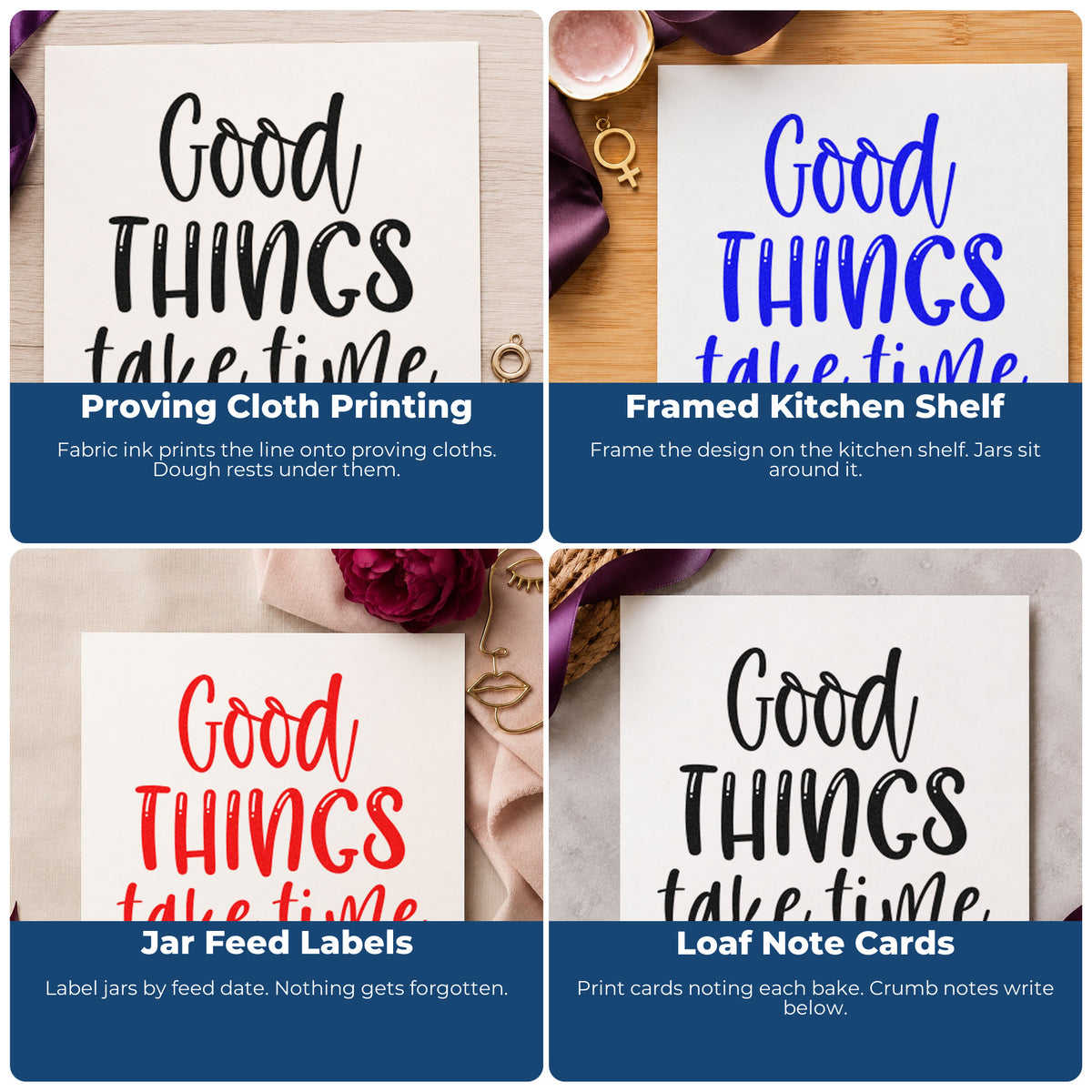 Four ways to use the Good Things Take Time Word Art Rubber Stamp – Duo Hand: proving cloth printing, framed kitchen shelf, jar feed labels and loaf note cards.