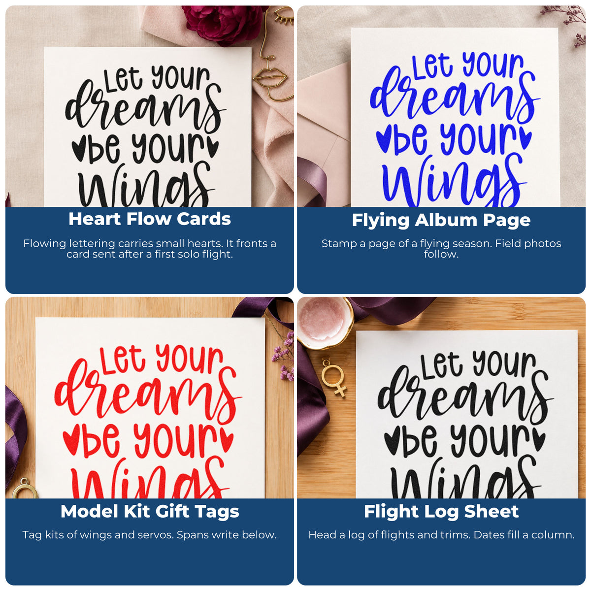 Four ways to use the Slim Pre-Inked Let Your Dreams Be Your Wings Stamp: heart flow cards, flying album page, model kit gift tags and flight log sheet.