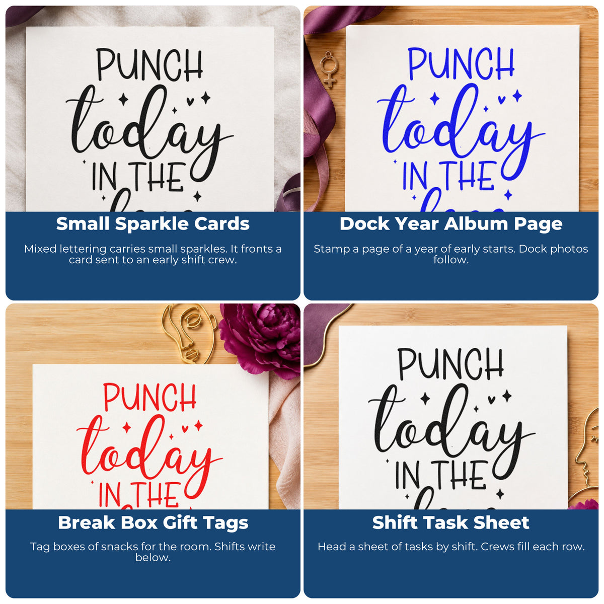 Four ways to use the Punch Today In Face Self-Inking Stamp: small sparkle cards, dock year album page, break box gift tags and shift task sheet.