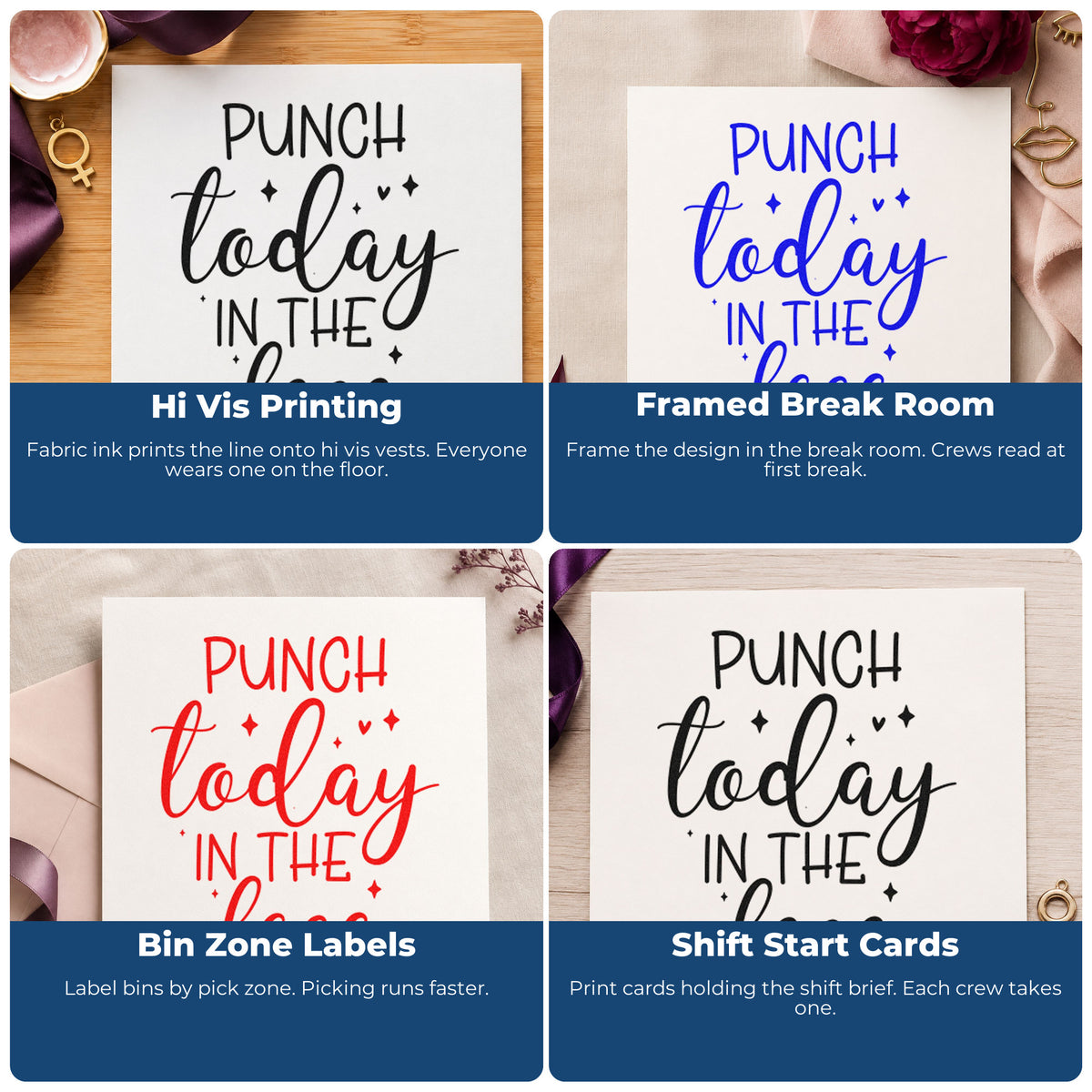 Four ways to use the Punch Today In Face Self-Inking Stamp: hi vis printing, framed break room, bin zone labels and shift start cards.