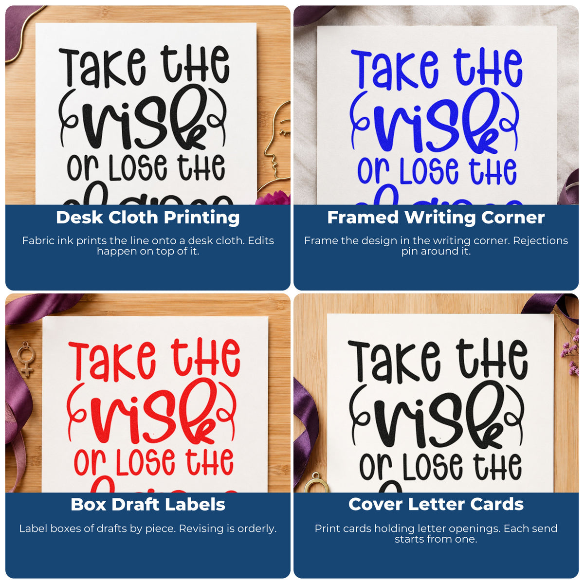 Four ways to use the Take The Risk Or Lose The Chance Stamp - Premium Vintage Pro Wooden: desk cloth printing, framed writing corner, box draft labels and cover letter cards.