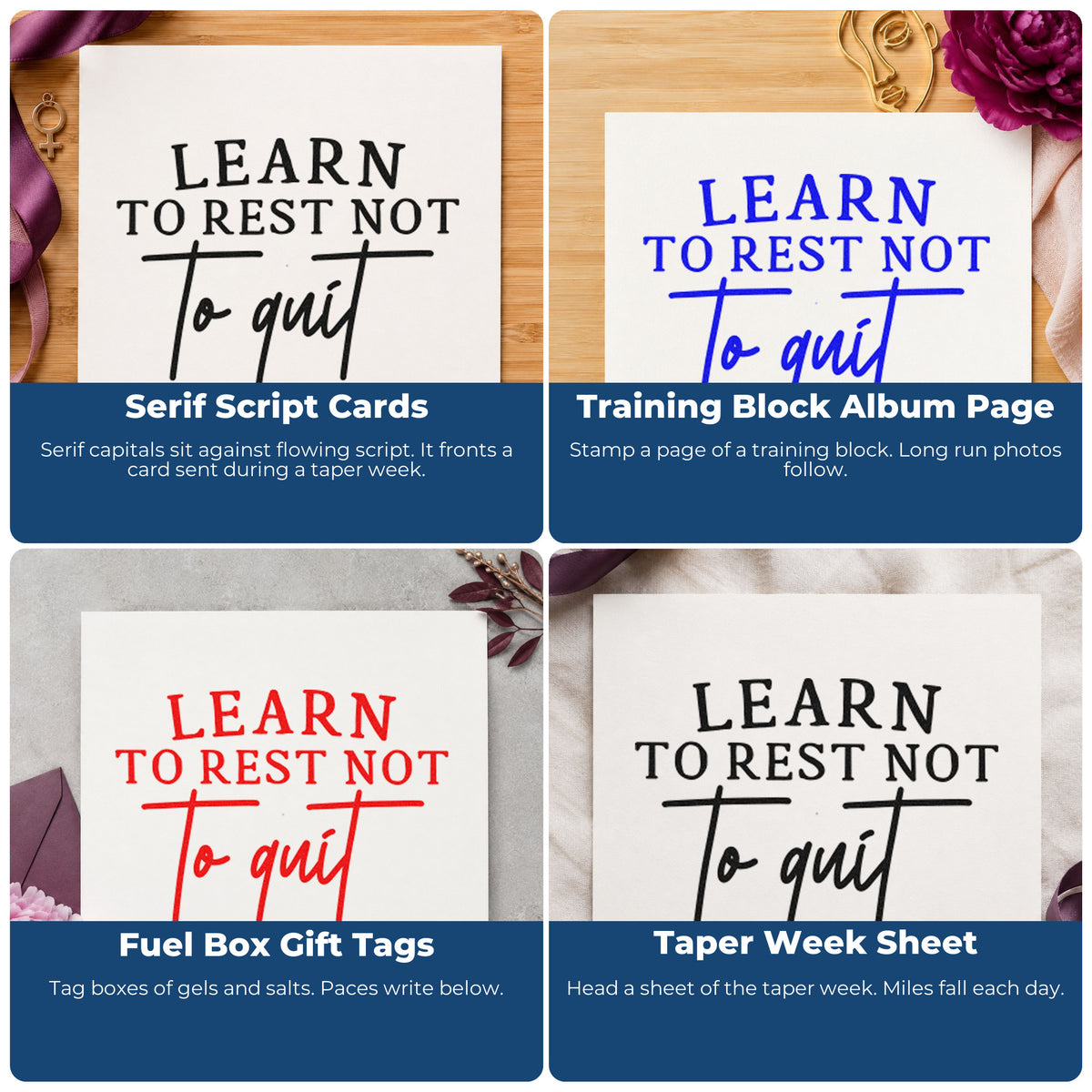 Four ways to use the Learn To Rest Word Art Self-Inking Stamp: serif script cards, training block album page, fuel box gift tags and taper week sheet.