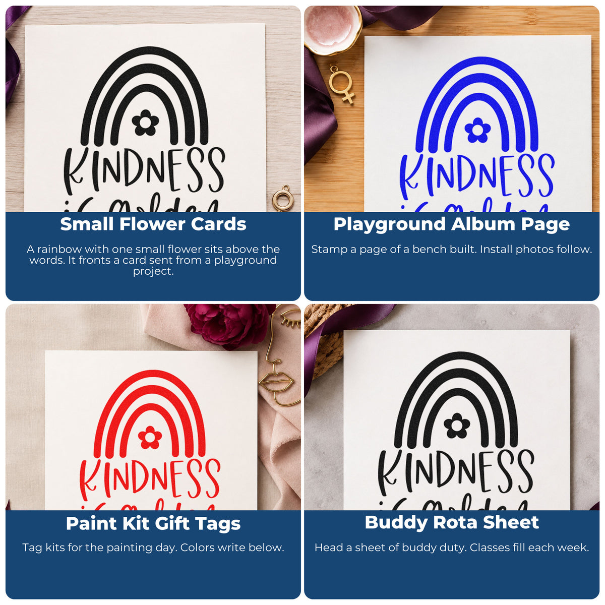 Four ways to use the Kindness Golden Flower Rainbow Hand Stamp – Duo: small flower cards, playground album page, paint kit gift tags and buddy rota sheet.