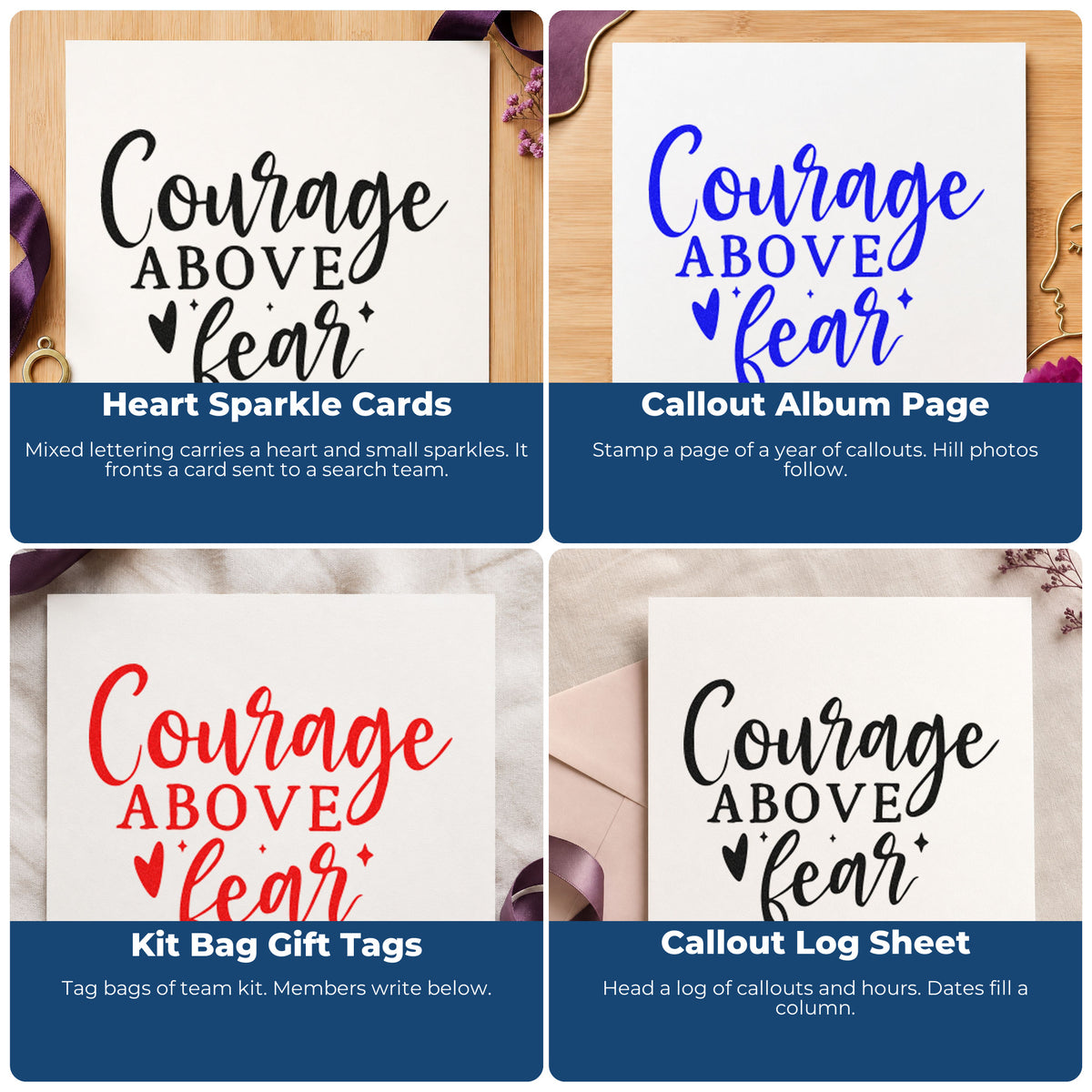 Four ways to use the Courage Above Fear Pre-Inked Stamp – PSI: heart sparkle cards, callout album page, kit bag gift tags and callout log sheet.