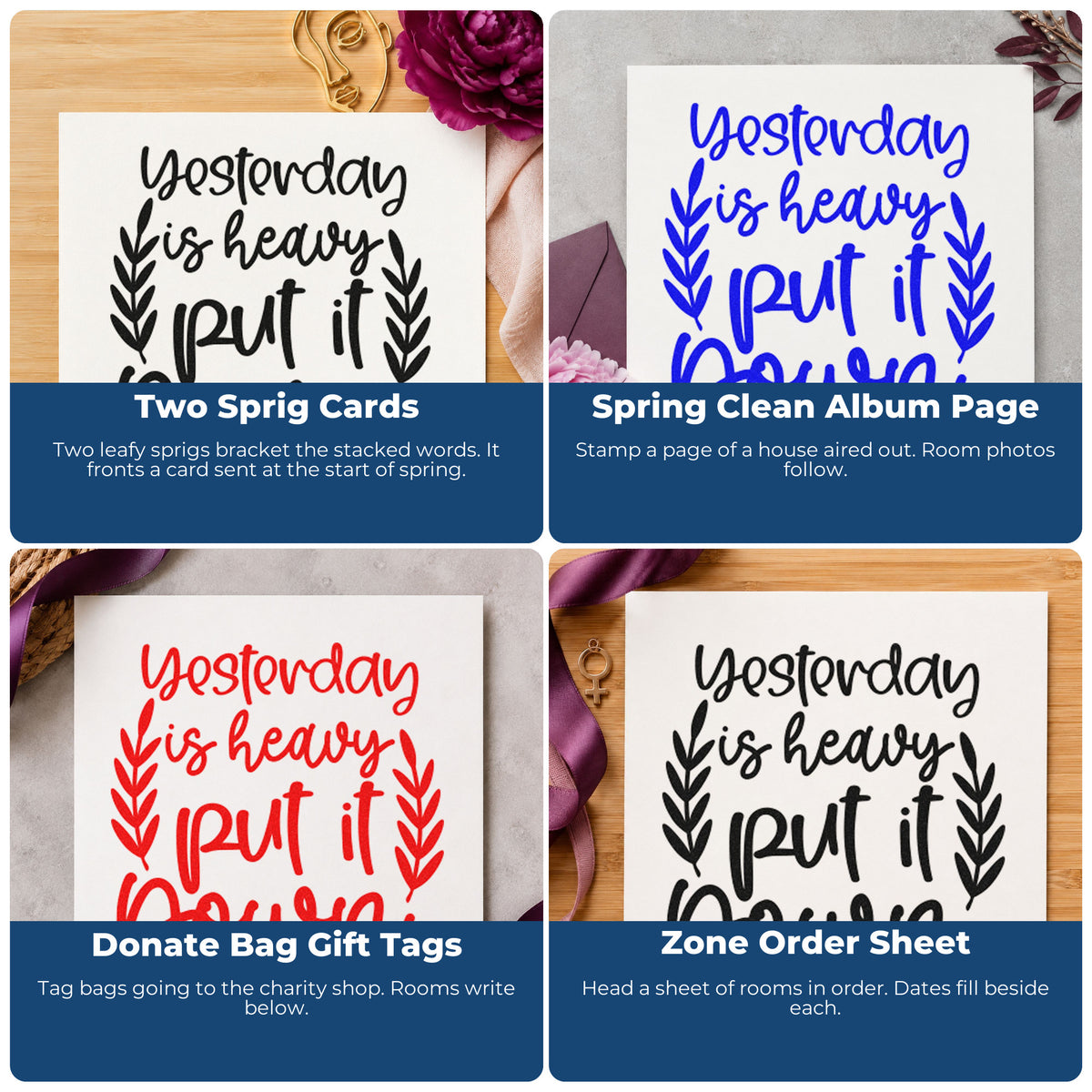 Four ways to use the Yesterday Heavy Put Down Hand Stamp – Duo: two sprig cards, spring clean album page, donate bag gift tags and zone order sheet.
