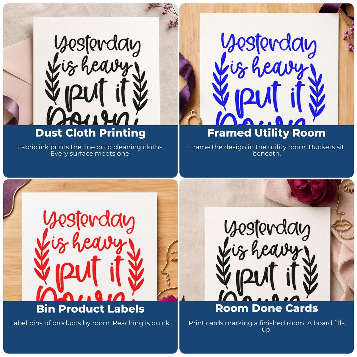 Four ways to use the Yesterday Heavy Put Down Hand Stamp – Duo: dust cloth printing, framed utility room, bin product labels and room done cards.
