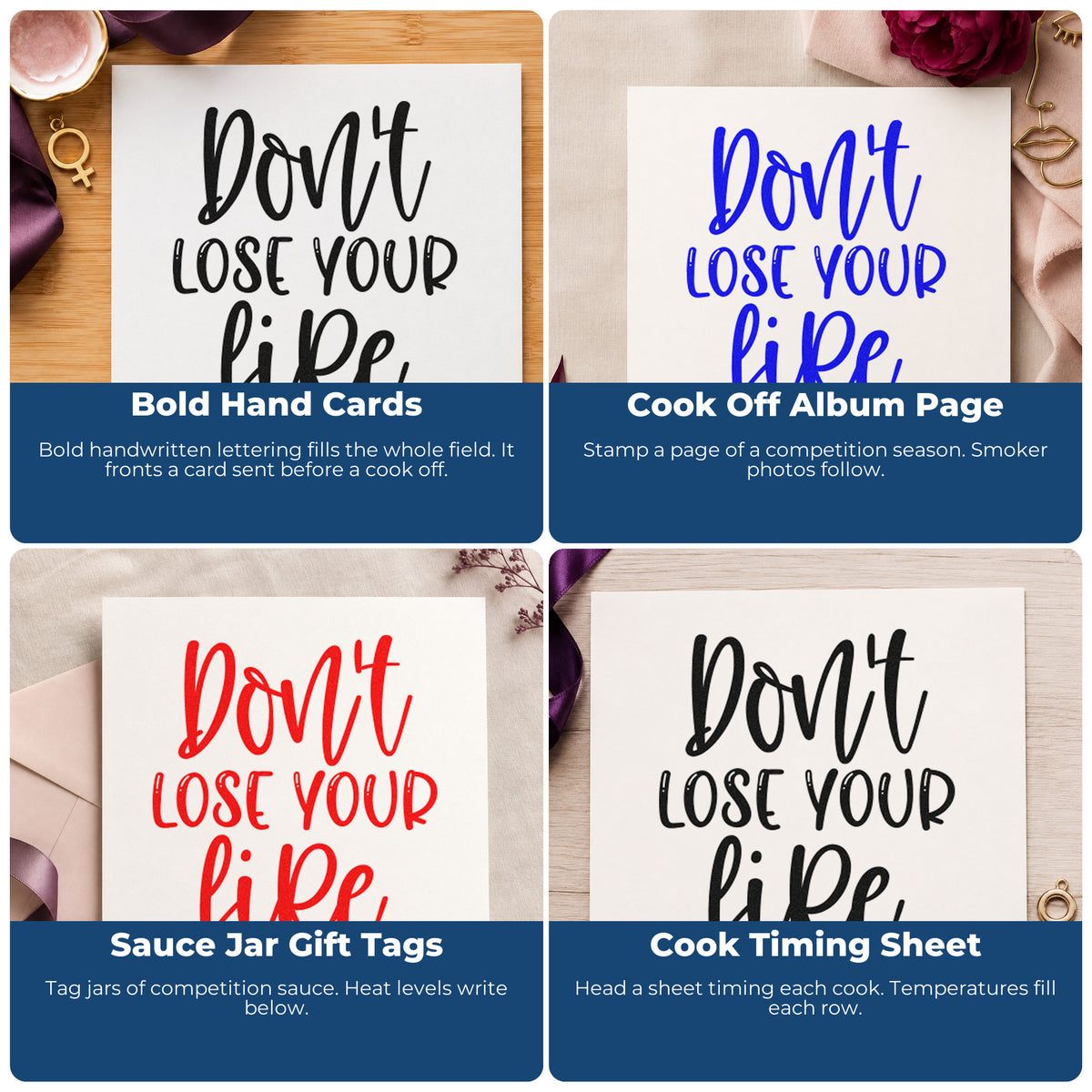 Four ways to use the Don't Lose Your Fire Pre-Inked Stamp – PSI: bold hand cards, cook off album page, sauce jar gift tags and cook timing sheet.