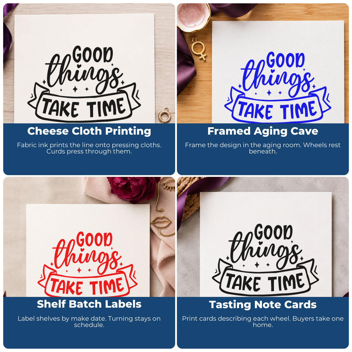 Four ways to use the Good Things Take Time With Sparkles Duo Hand Stamp: cheese cloth printing, framed aging cave, shelf batch labels and tasting note cards.