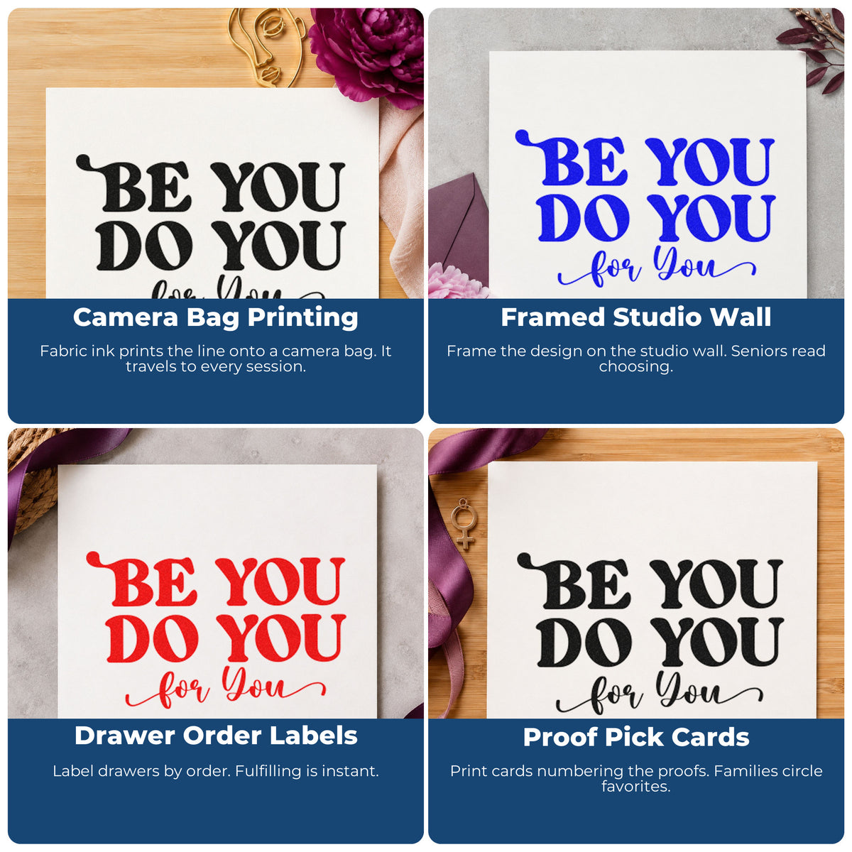 Four ways to use the Be You Do You Hand Stamp – Duo: camera bag printing, framed studio wall, drawer order labels and proof pick cards.