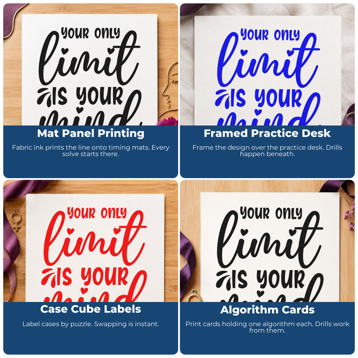Four ways to use the Your Only Limit Mind Stamp – Self-Inking: mat panel printing, framed practice desk, case cube labels and algorithm cards.