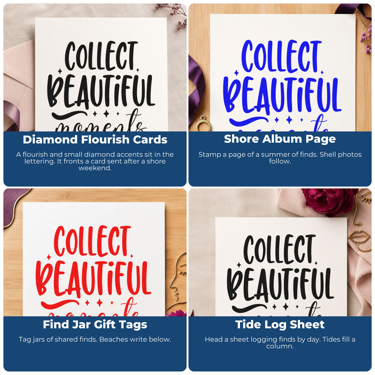 Four ways to use the Collect Beautiful Moments Flourish Detail Self-Inking Stamp: diamond flourish cards, shore album page, find jar gift tags and tide log sheet.