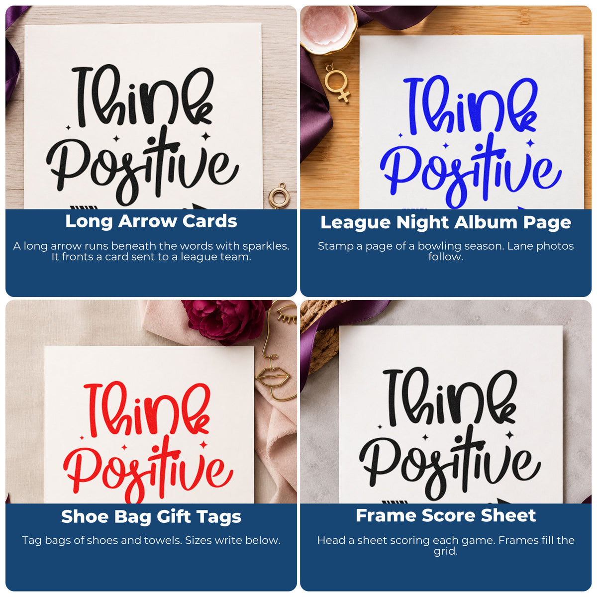 Four ways to use the Think Positive Arrow Script Lettering Wood Handle Stamp: long arrow cards, league night album page, shoe bag gift tags and frame score sheet.