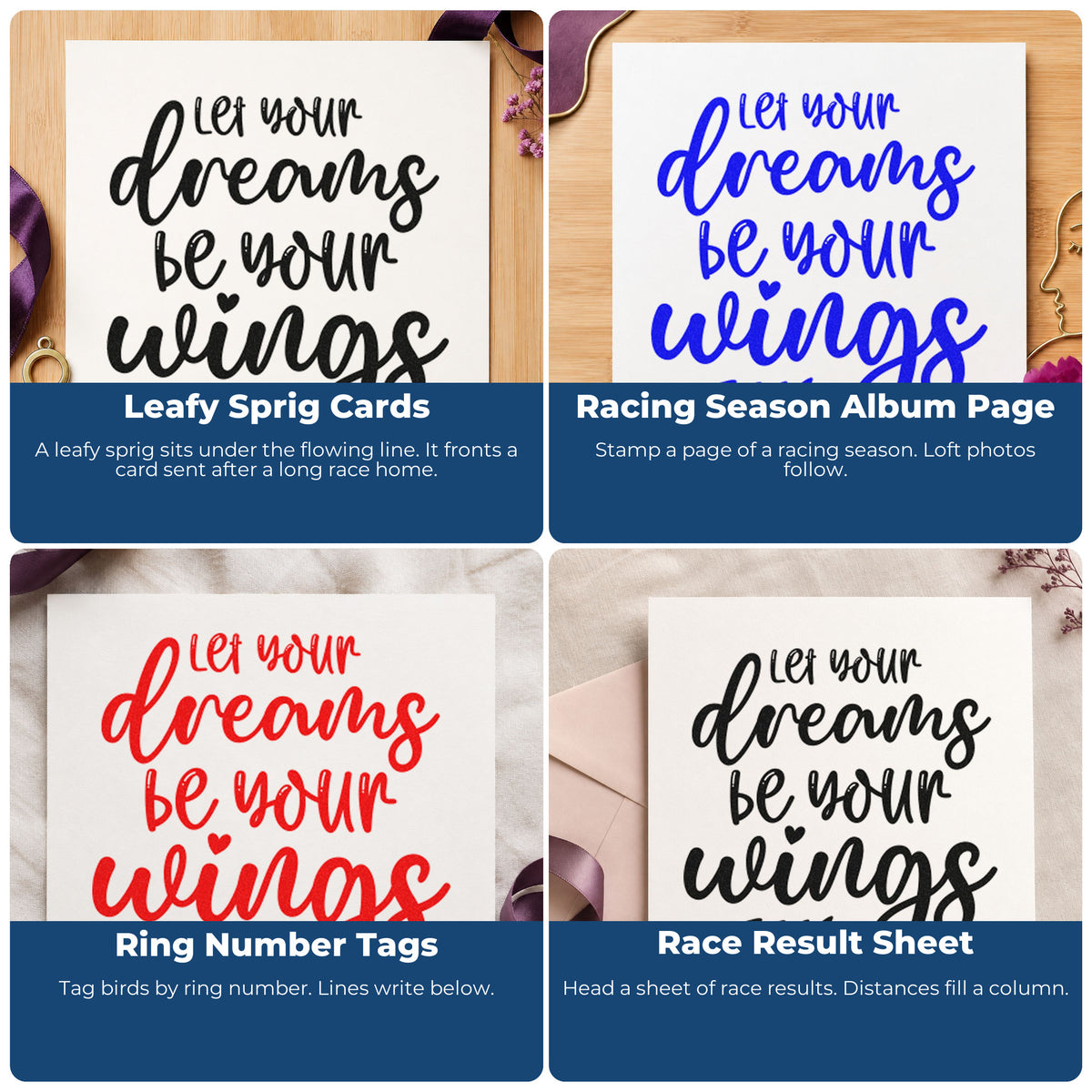 Four ways to use the Dreams Wings Leafy Quote Craft Stamp – Self-Inking: leafy sprig cards, racing season album page, ring number tags and race result sheet.