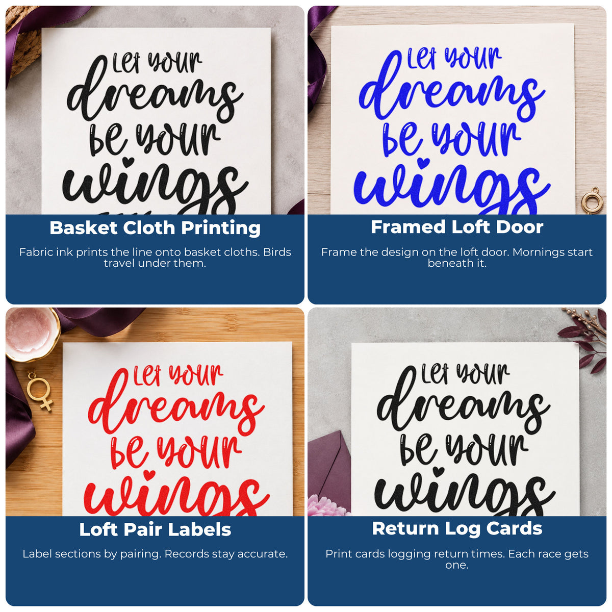 Four ways to use the Dreams Wings Leafy Quote Hand Stamp – Duo: basket cloth printing, framed loft door, loft pair labels and return log cards.