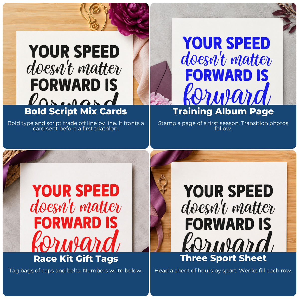 Four ways to use the Your Speed Forward Word Art Self-Inking Stamp: bold script mix cards, training album page, race kit gift tags and three sport sheet.