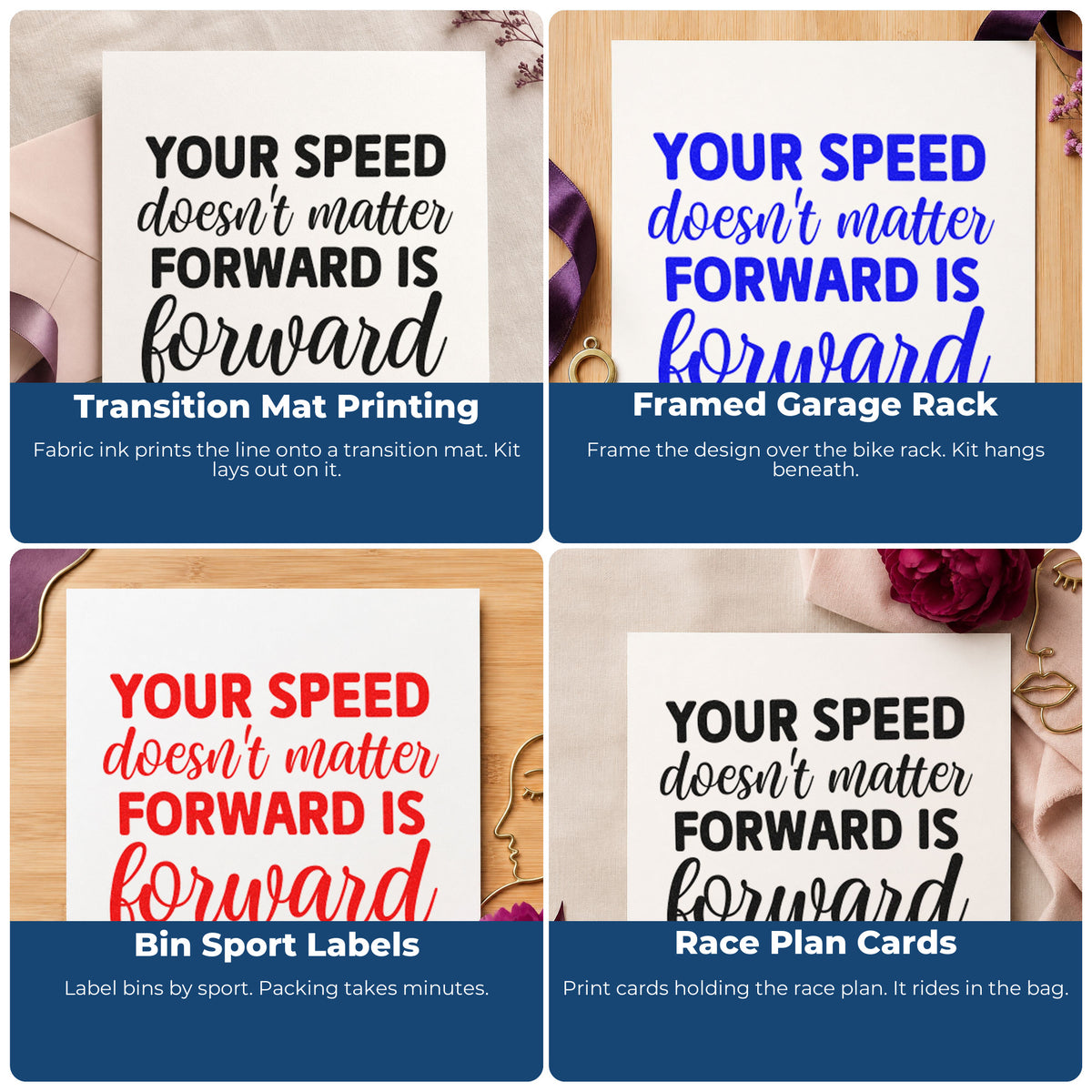 Four ways to use the Your Speed Forward Word Art Stamp – Wood Handle: transition mat printing, framed garage rack, bin sport labels and race plan cards.