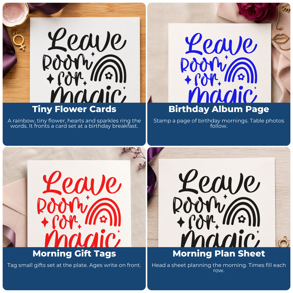 Four ways to use the Leave Room Magic Rainbow Duo Hand Stamp: tiny flower cards, birthday album page, morning gift tags and morning plan sheet.