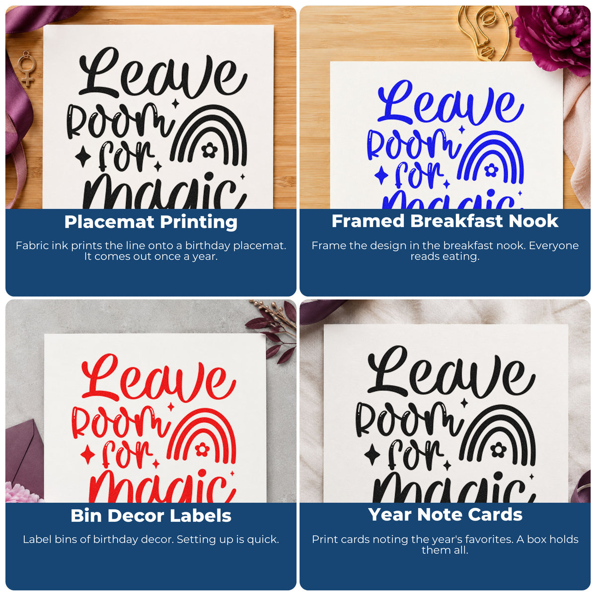 Four ways to use the Leave Room Magic Rainbow Duo Hand Stamp: placemat printing, framed breakfast nook, bin decor labels and year note cards.