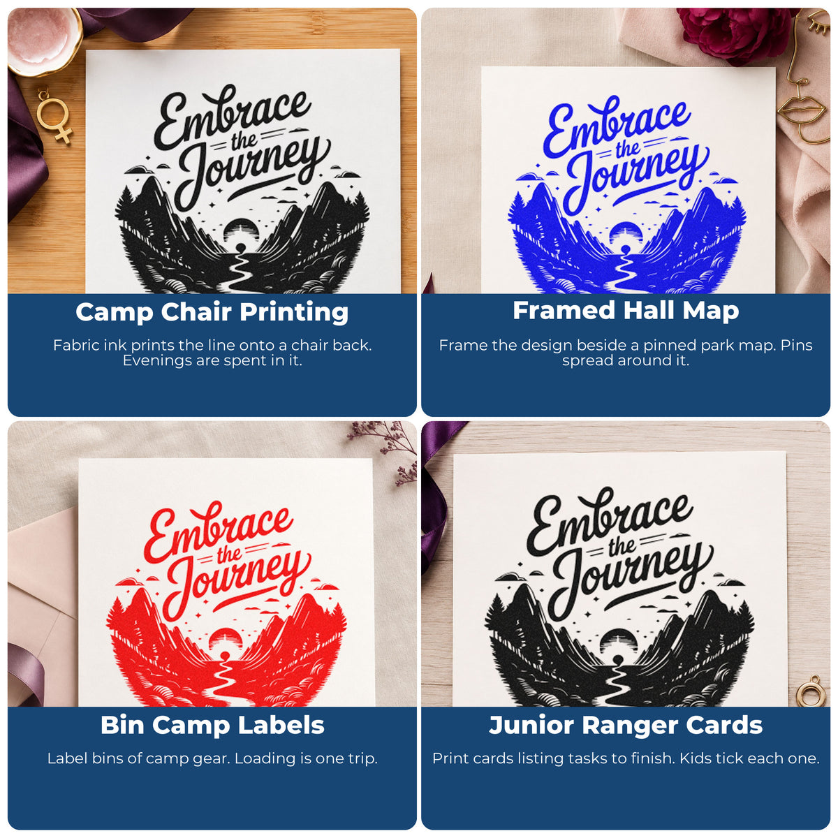 Four ways to use the Embrace Journey Mountain Landscape Premium Wooden Stamp - Vintage Pro: camp chair printing, framed hall map, bin camp labels and junior ranger cards.