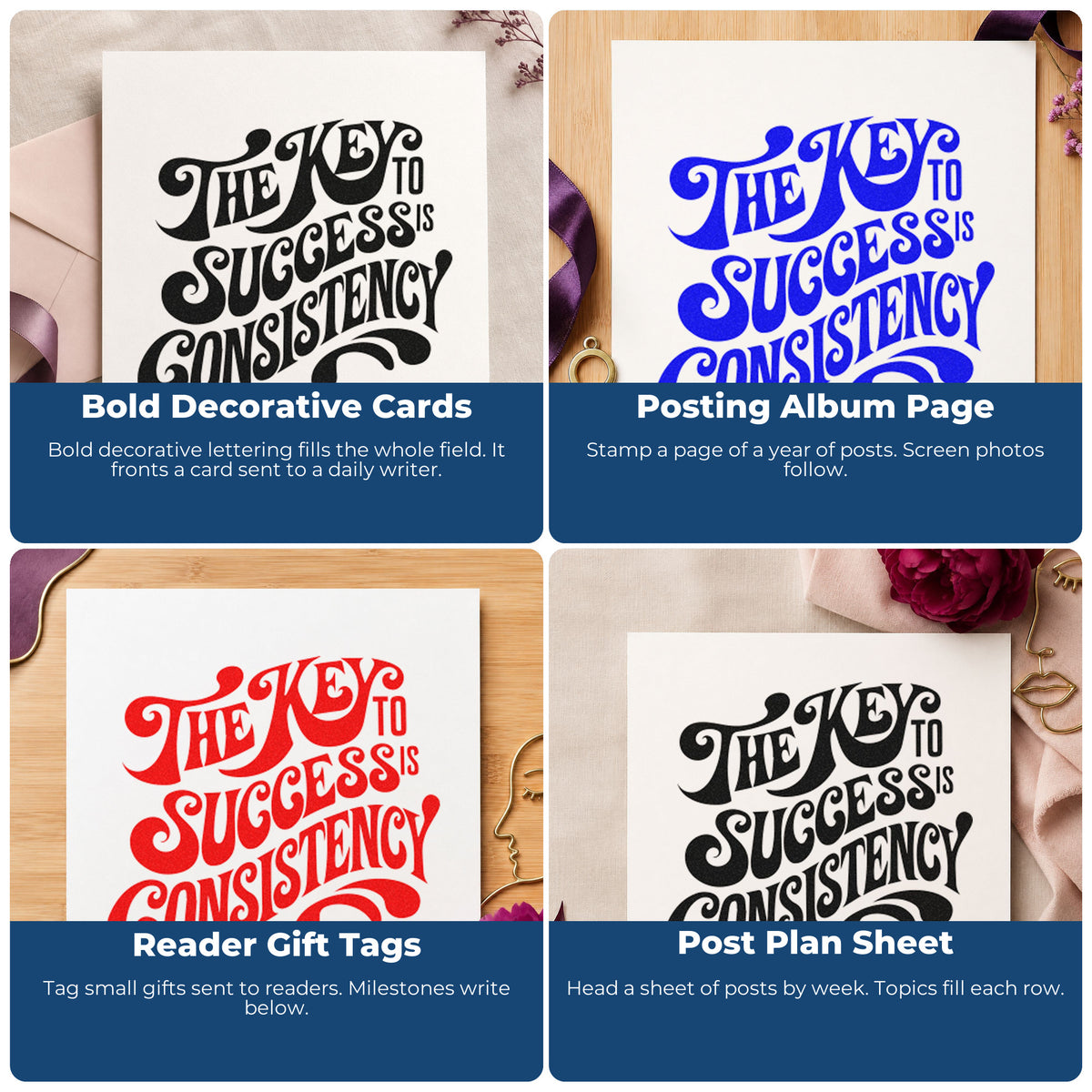 Four ways to use the Key To Success Consistency Stamp – Self-Inking: bold decorative cards, posting album page, reader gift tags and post plan sheet.