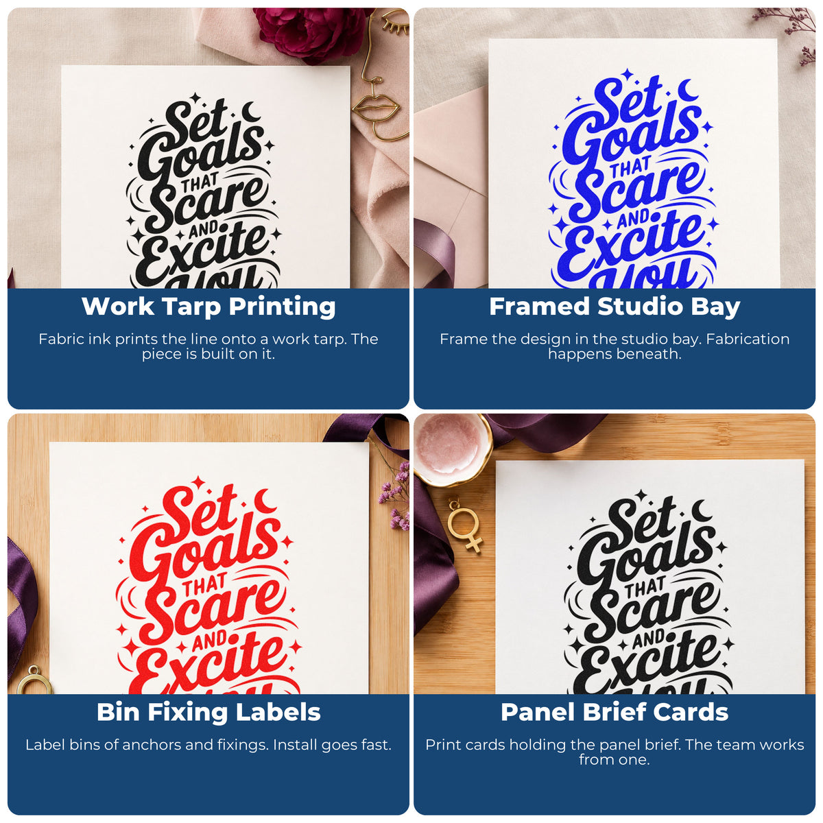 Four ways to use the Set Goals That Scare And Excite You Wood Handle Stamp: work tarp printing, framed studio bay, bin fixing labels and panel brief cards.