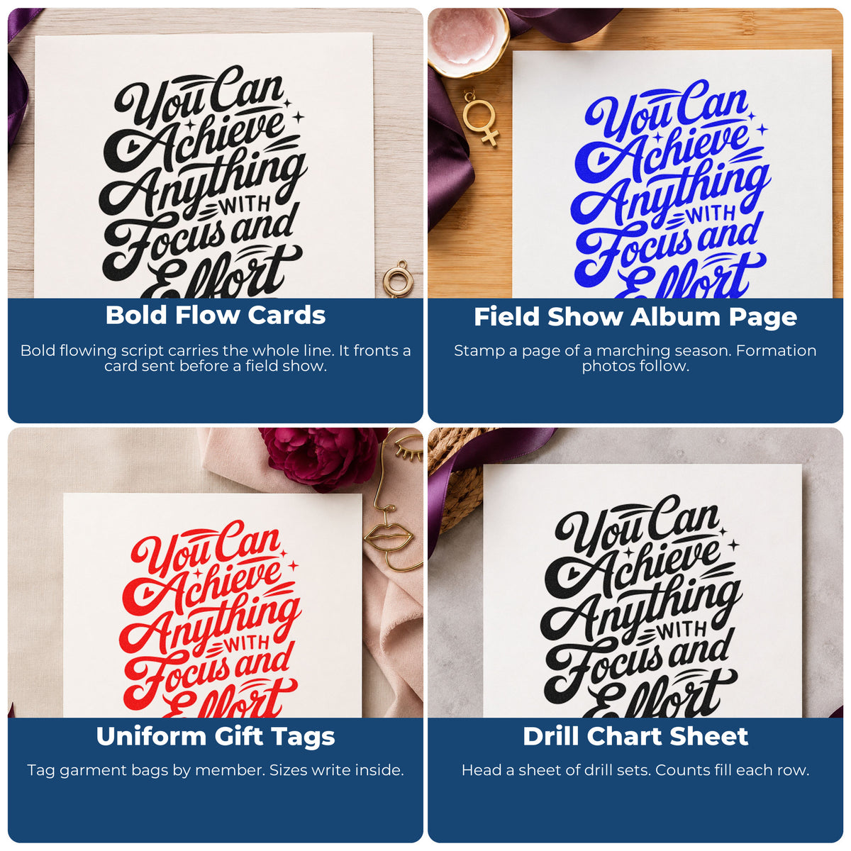 Four ways to use the Achieve With Focus Effort Craft Stamp – Self-Inking: bold flow cards, field show album page, uniform gift tags and drill chart sheet.