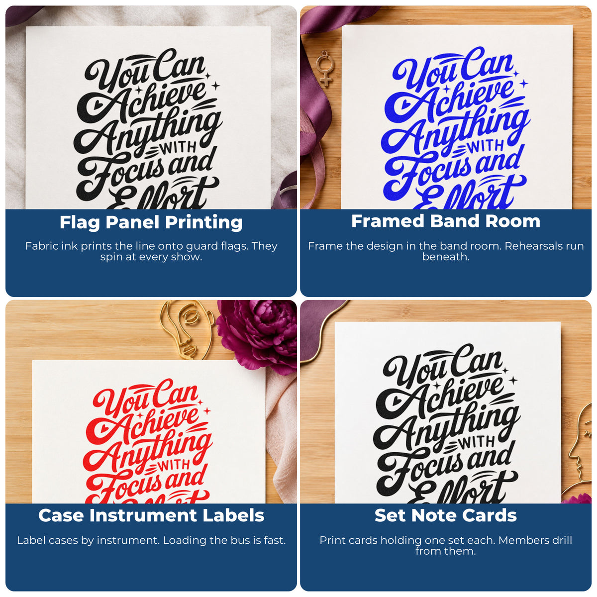 Four ways to use the Achieve With Focus Effort Pre-Inked Stamp – Slim: flag panel printing, framed band room, case instrument labels and set note cards.