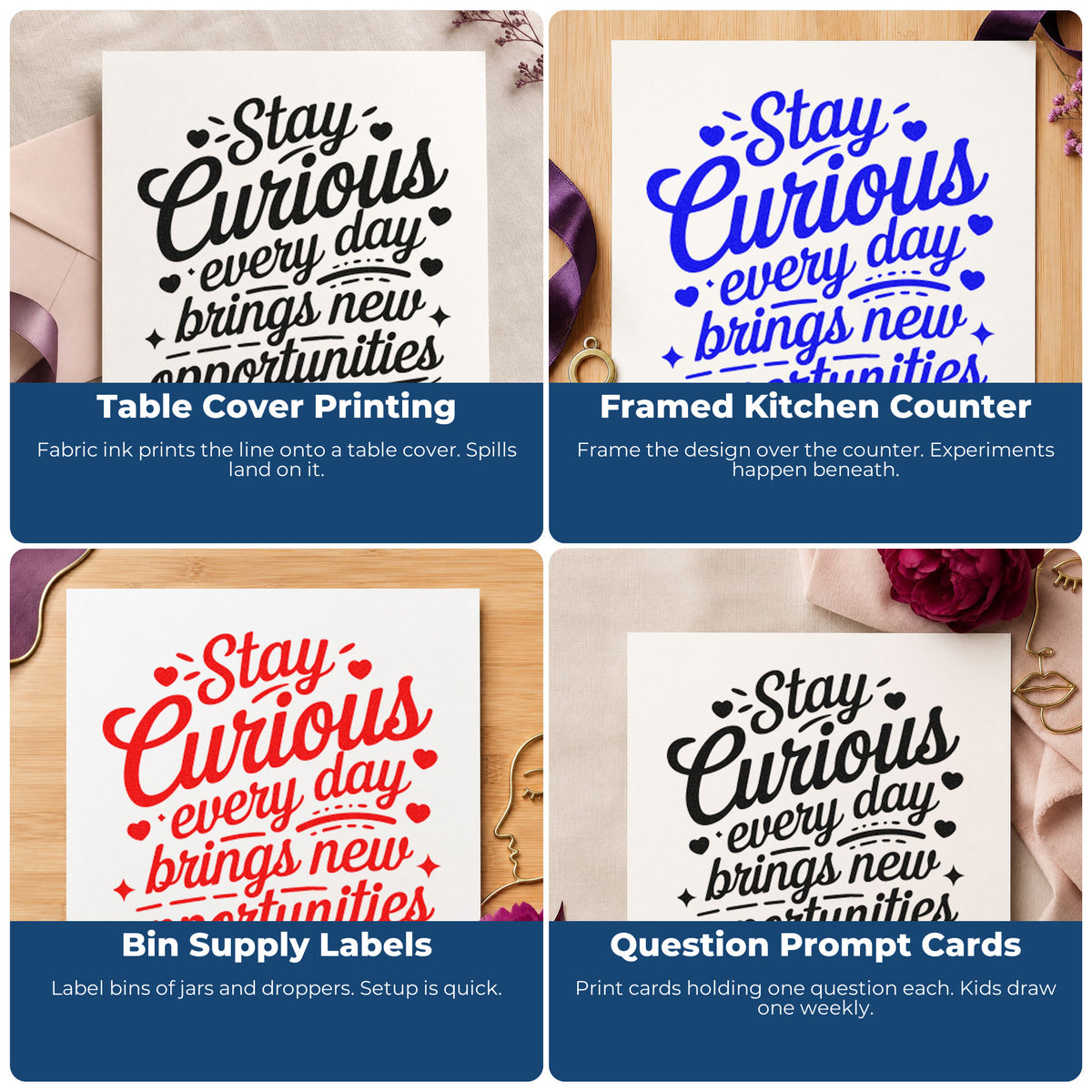 Four ways to use the Stay Curious Every Day Rubber Stamp – Wood Handle: table cover printing, framed kitchen counter, bin supply labels and question prompt cards.