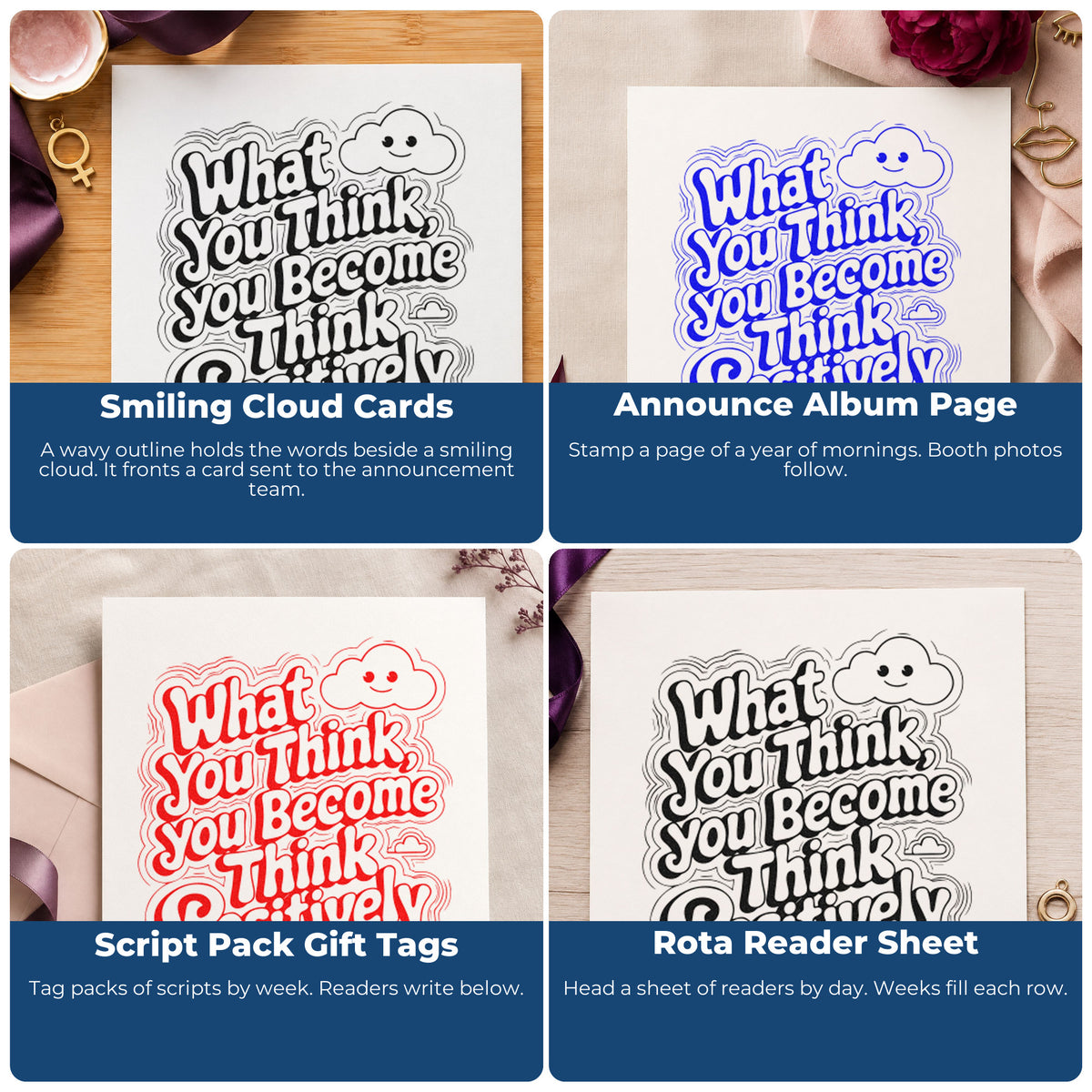 Four ways to use the Think Positive Smiling Cloud Outline Detail Self-Inking Craft Stamp: smiling cloud cards, announce album page, script pack gift tags and rota reader sheet.
