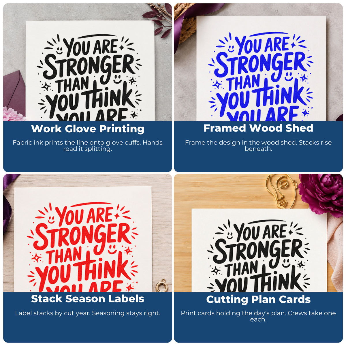 Four ways to use the Stronger Than You Think Wood Handle Stamp: work glove printing, framed wood shed, stack season labels and cutting plan cards.