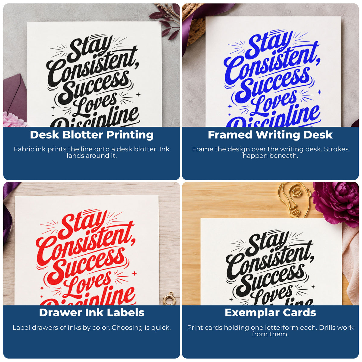 Four ways to use the Stay Consistent Success Discipline Hand Stamp – Duo: desk blotter printing, framed writing desk, drawer ink labels and exemplar cards.