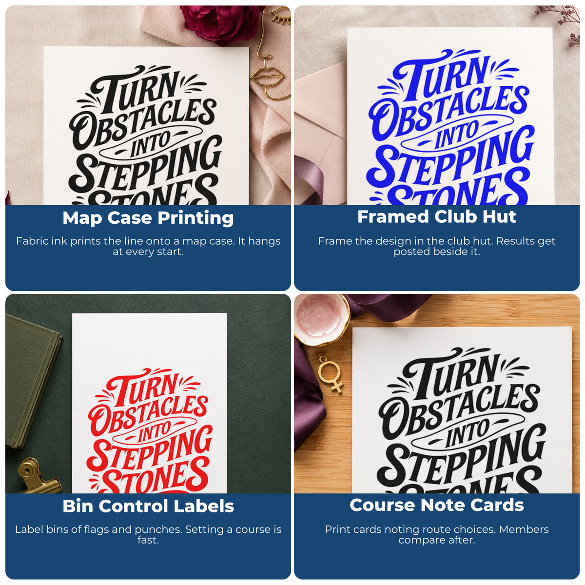 Four ways to use the Underlined Stepping Stones Motivation Stamp – Wood Handle: map case printing, framed club hut, bin control labels and course note cards.