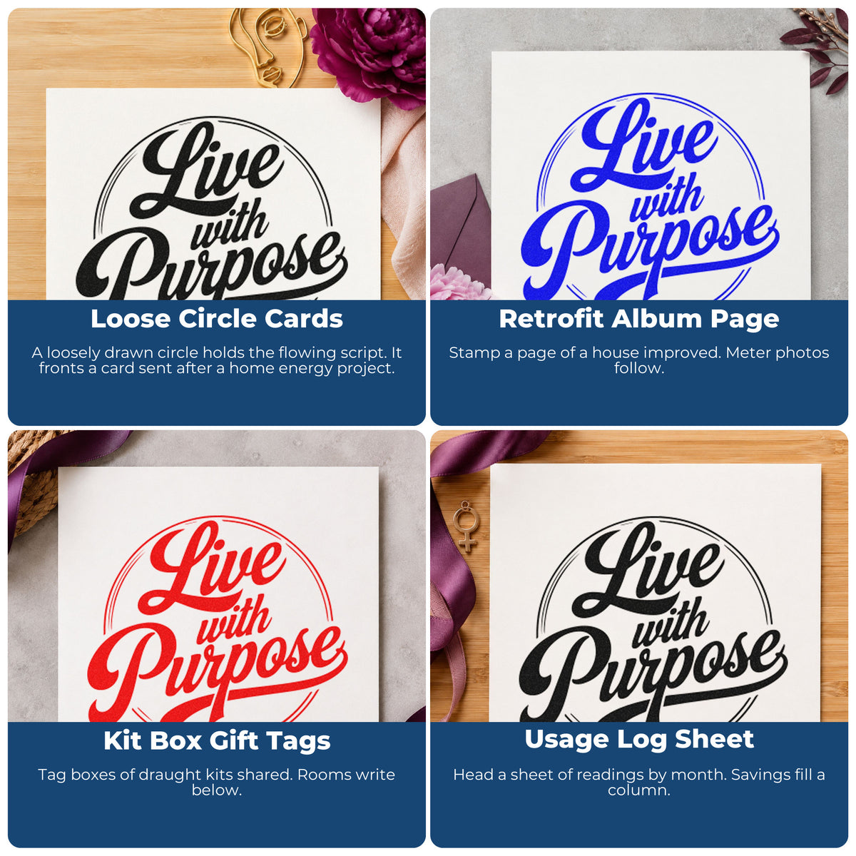 Four ways to use the Live With Purpose Circle Wood-Mounted Rubber Stamp: loose circle cards, retrofit album page, kit box gift tags and usage log sheet.