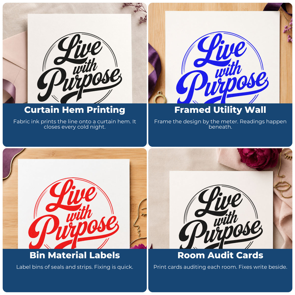 Four ways to use the Live With Purpose Circle Wood-Mounted Rubber Stamp: curtain hem printing, framed utility wall, bin material labels and room audit cards.