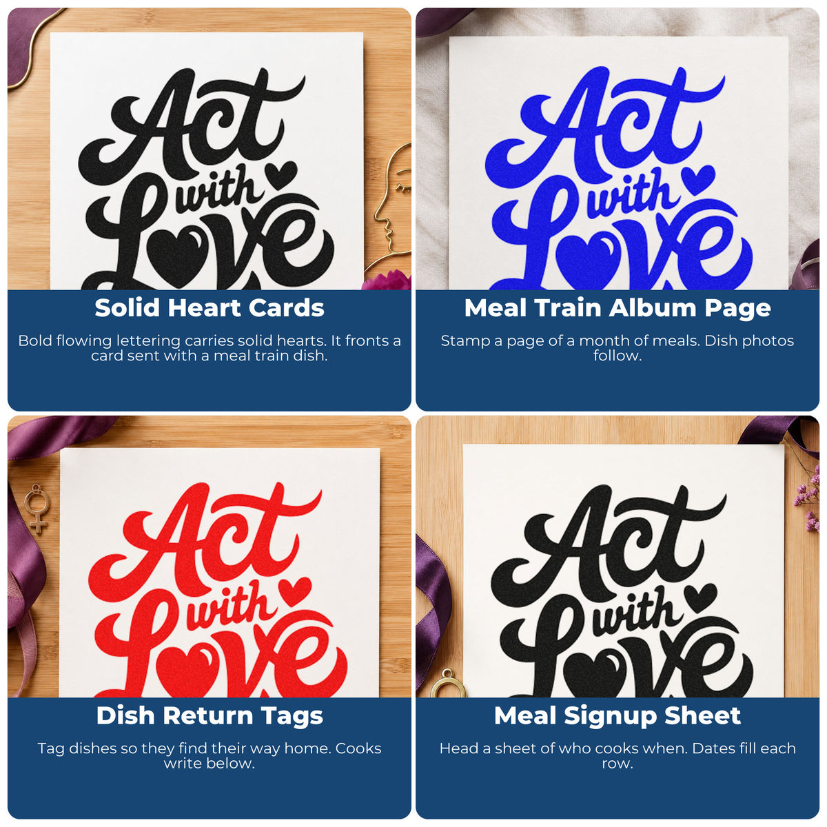 Four ways to use the Act With Love Hearts Pre-Inked Stamp – Slim: solid heart cards, meal train album page, dish return tags and meal signup sheet.