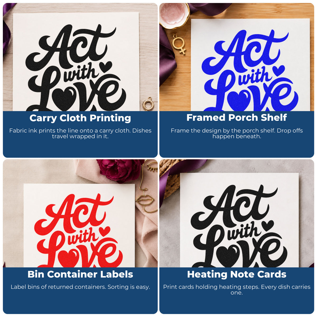 Four ways to use the Act With Love Hearts Pre-Inked Stamp – Slim: carry cloth printing, framed porch shelf, bin container labels and heating note cards.