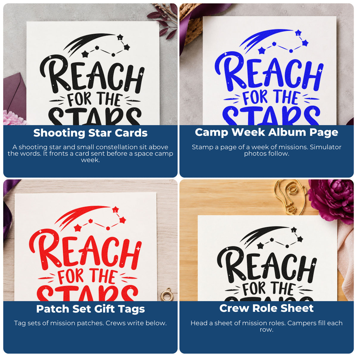 Four ways to use the Reach For The Stars Wood Handle Stamp: shooting star cards, camp week album page, patch set gift tags and crew role sheet.