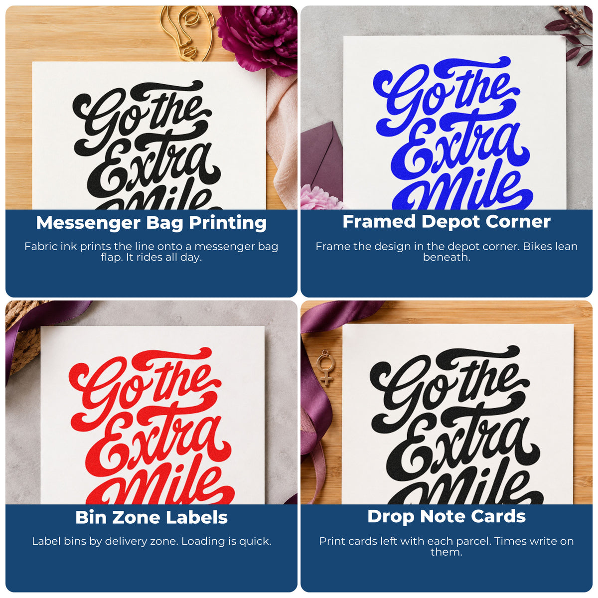 Four ways to use the Go The Extra Mile Stamp – Slim Pre-Inked: messenger bag printing, framed depot corner, bin zone labels and drop note cards.
