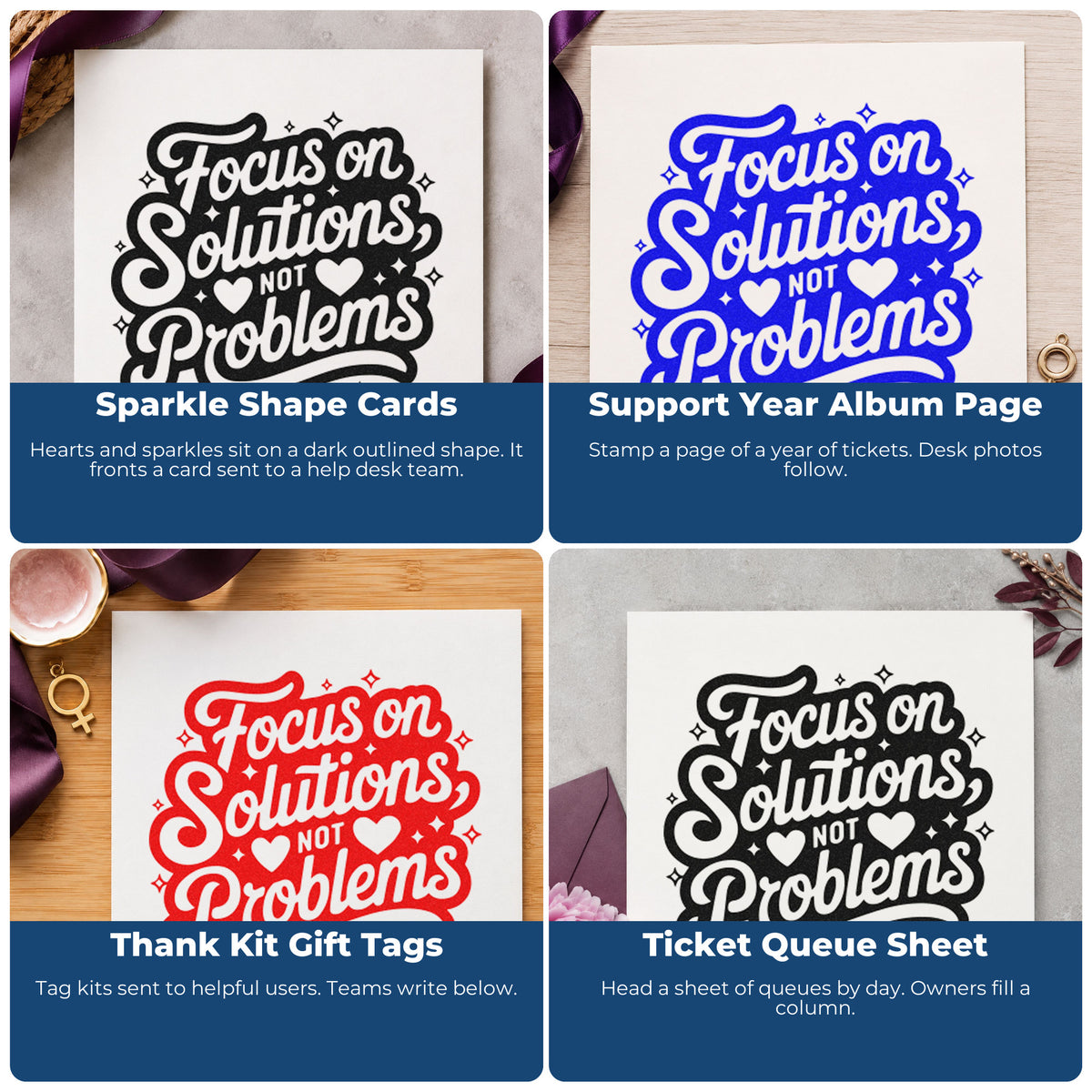 Four ways to use the Focus Solutions Not Problems Craft Stamp – Self-Inking: sparkle shape cards, support year album page, thank kit gift tags and ticket queue sheet.