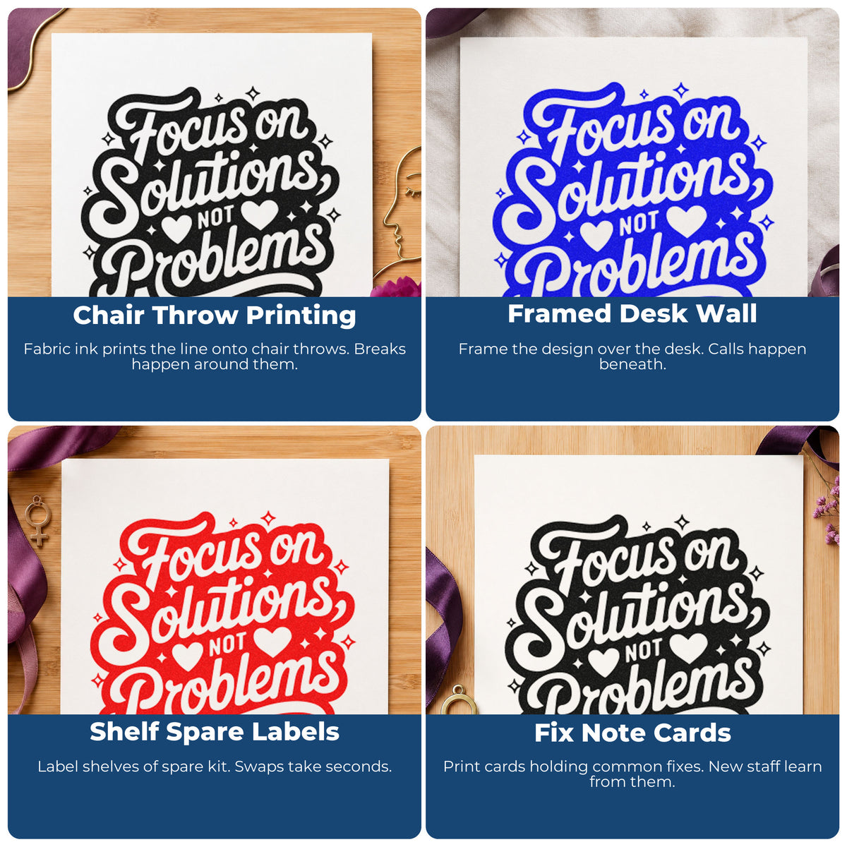 Four ways to use the Focus Solutions Not Problems Craft Stamp – Self-Inking: chair throw printing, framed desk wall, shelf spare labels and fix note cards.