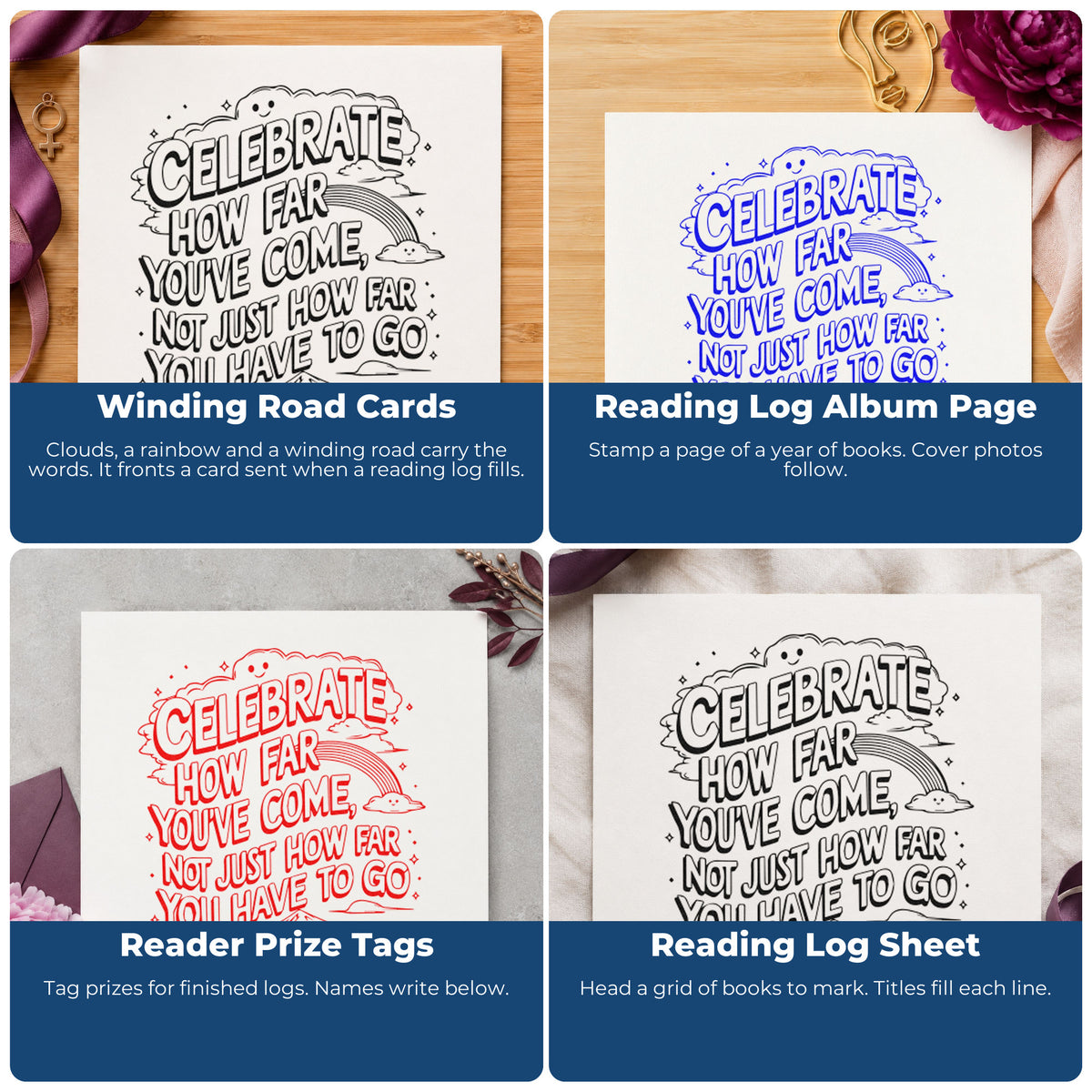 Four ways to use the Vintage Pro Celebrate How Far Come Premium Wooden Stamp: winding road cards, reading log album page, reader prize tags and reading log sheet.