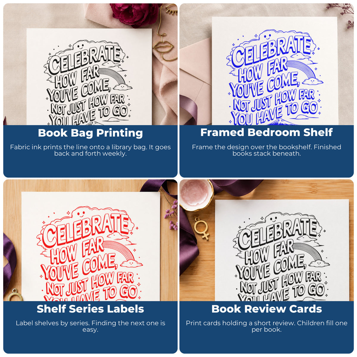 Four ways to use the Celebrate How Far Come Stamp – Self-Inking: book bag printing, framed bedroom shelf, shelf series labels and book review cards.