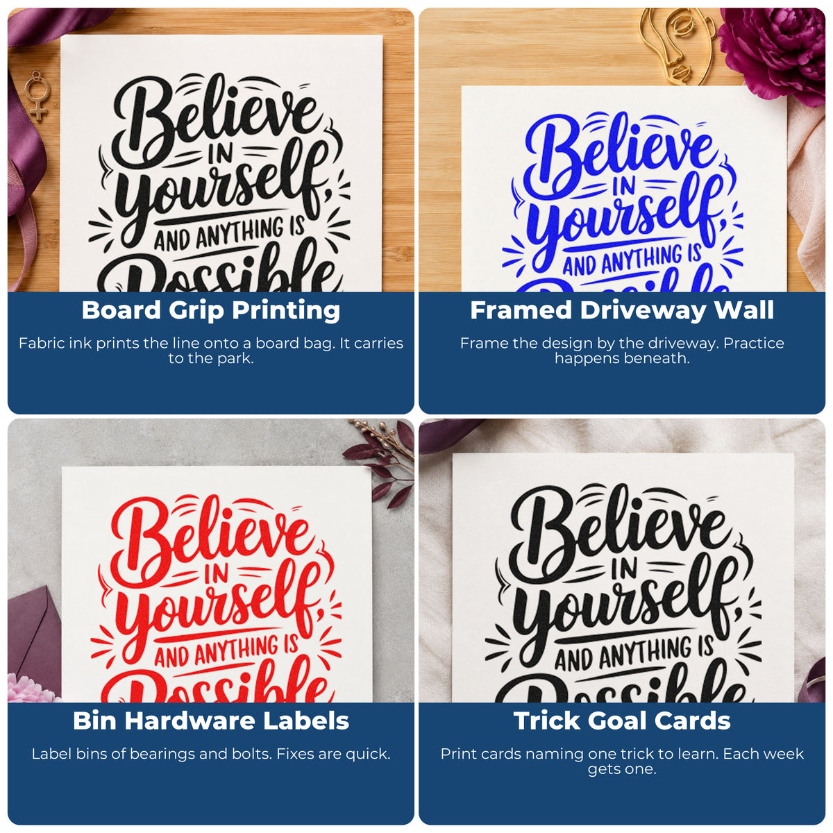Four ways to use the Wood Handle Believe Yourself Anything Possible Rubber Stamp: board grip printing, framed driveway wall, bin hardware labels and trick goal cards.