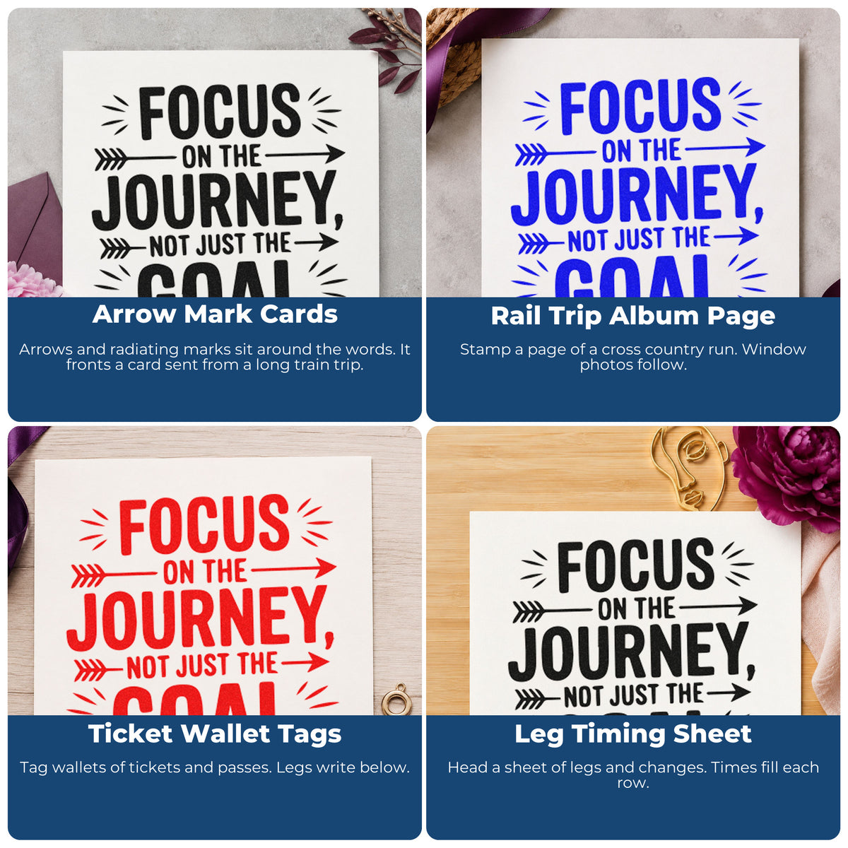 Four ways to use the Focus On Journey Goal Stamp – Slim Pre-Inked: arrow mark cards, rail trip album page, ticket wallet tags and leg timing sheet.