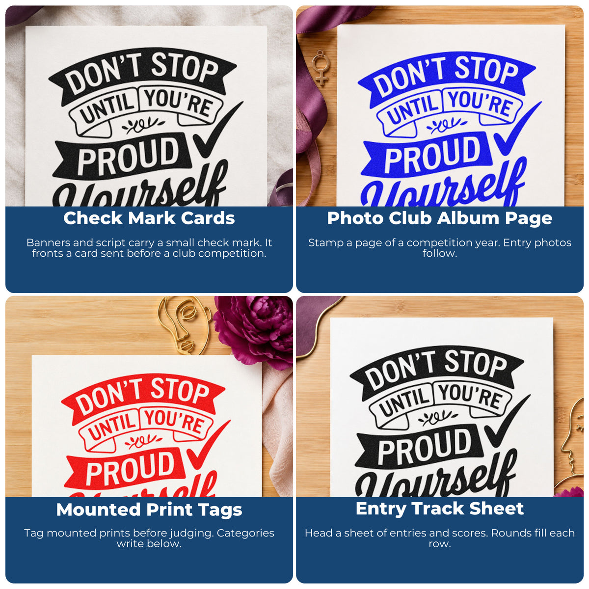 Four ways to use the Proud Yourself Banner Lettering Hand Stamp – Duo: check mark cards, photo club album page, mounted print tags and entry track sheet.