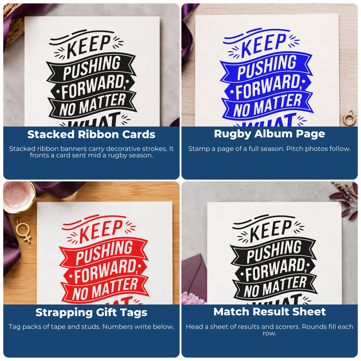 Four ways to use the Keep Pushing Forward Banners Ribbon Lettering Compact Pre-Inked Stamp – Slim: stacked ribbon cards, rugby album page, strapping gift tags and match result sheet.