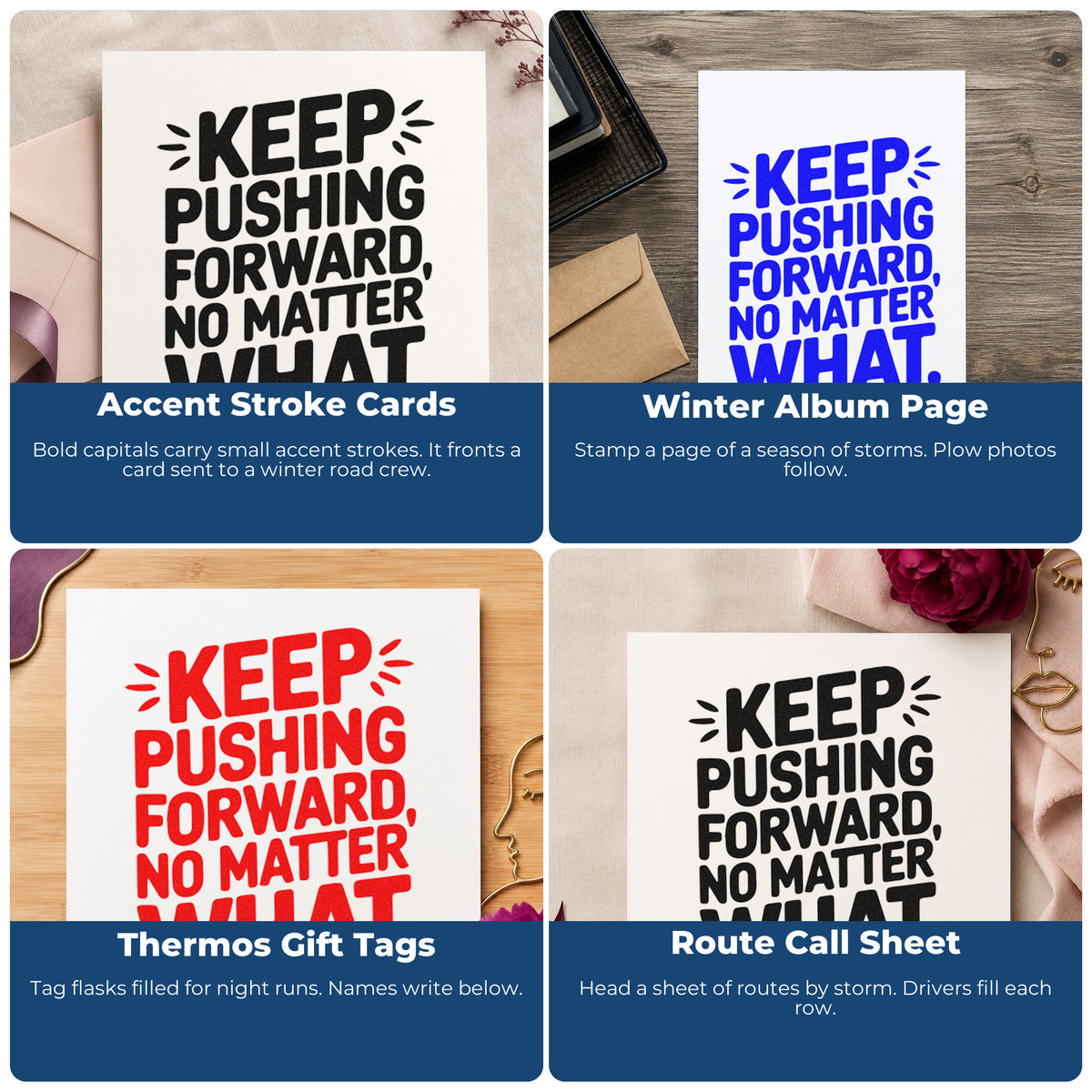 Four ways to use the Keep Pushing Forward Quote Rubber Stamp – Wood Handle: accent stroke cards, winter album page, thermos gift tags and route call sheet.