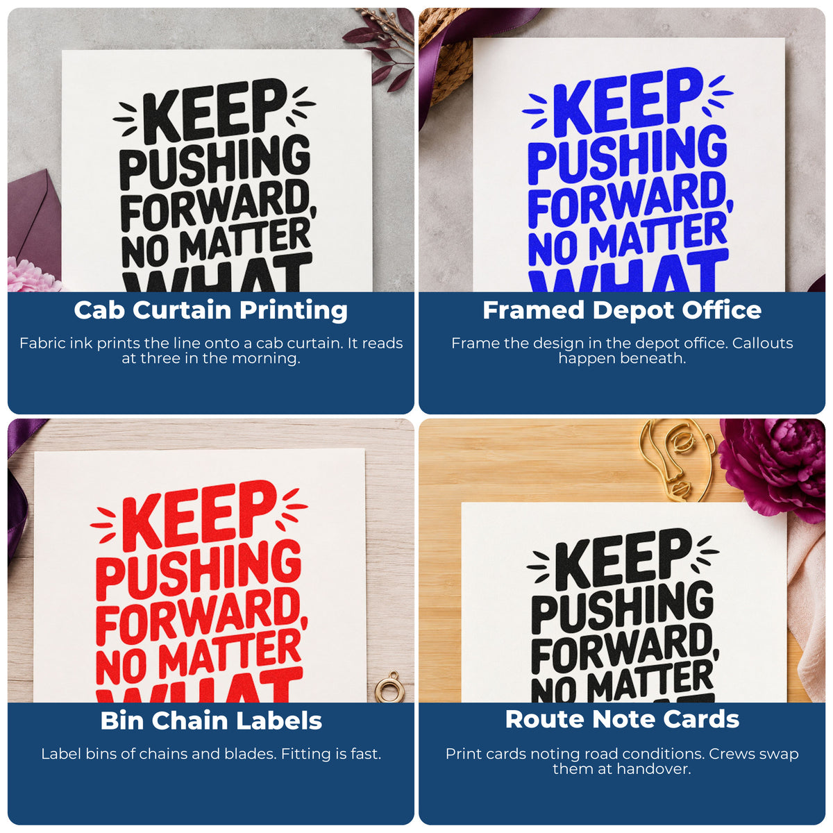 Four ways to use the Keep Pushing Forward Quote Rubber Stamp – Wood Handle: cab curtain printing, framed depot office, bin chain labels and route note cards.